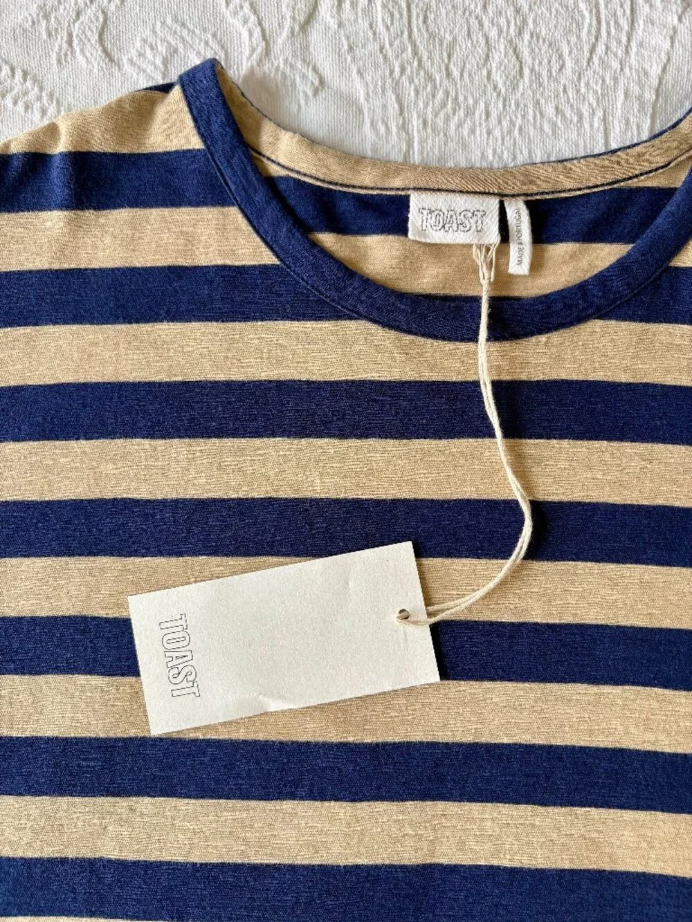 Toast Bold Stripe Cotton Boxy Tee in Blue/Sand - Sz. Small - Brand New with Tags - Picture 6 of 13